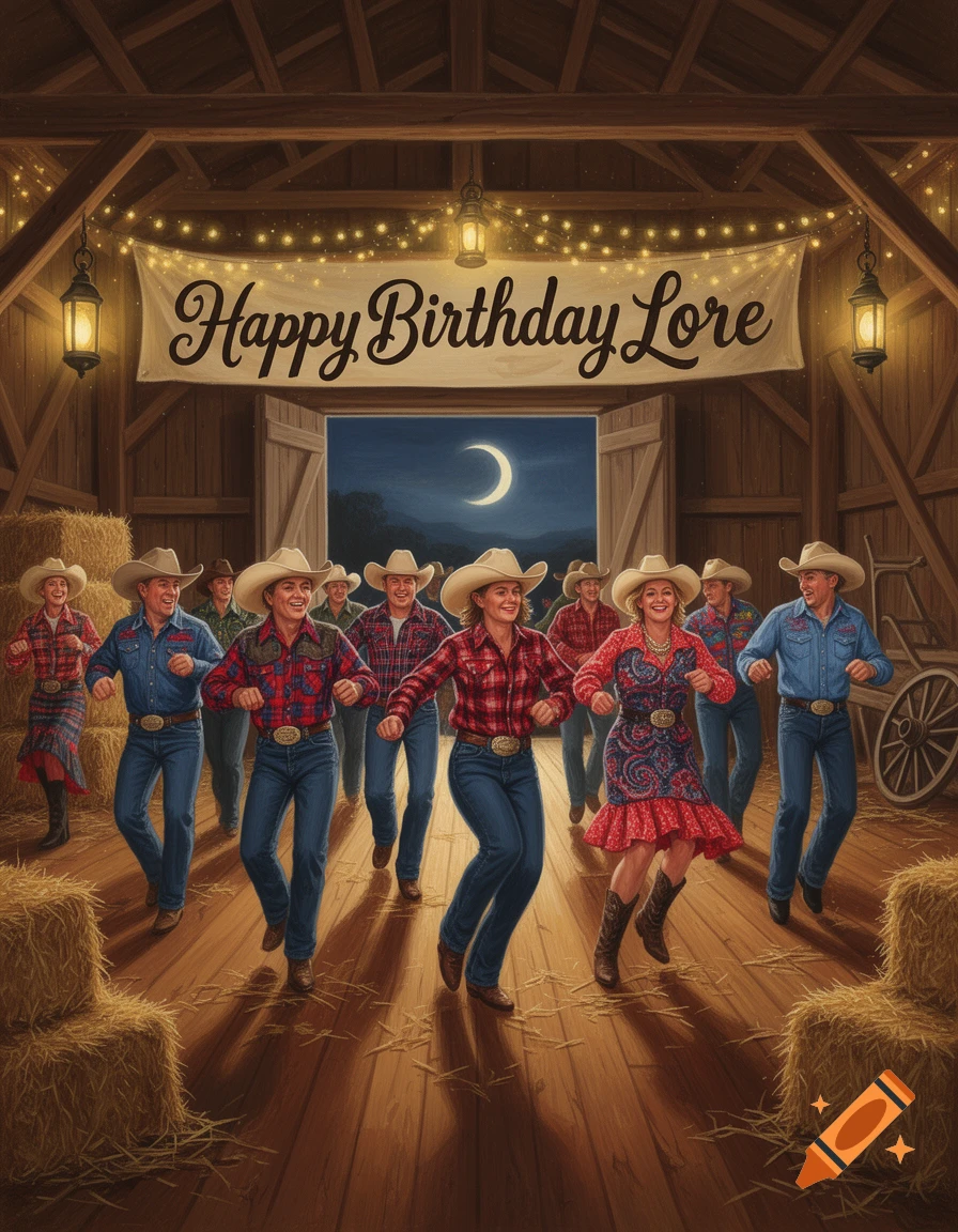 People in cowboy hats and western wear line dancing in a barn decorated with lights and a 'Happy Birthday Lore' banner, under a crescent moon.
