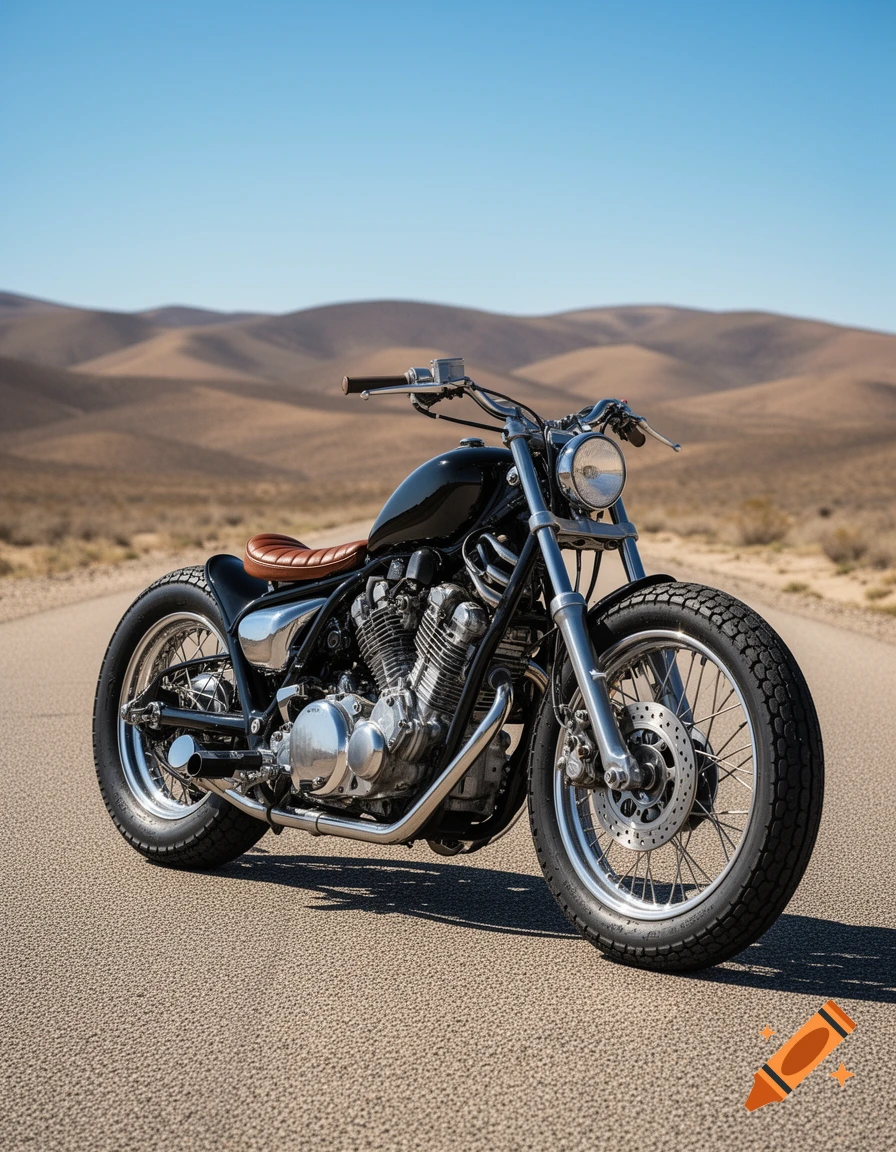 A black custom bobber motorcycle with a brown leather seat on an asphalt road in a desert landscape under a clear blue sky.