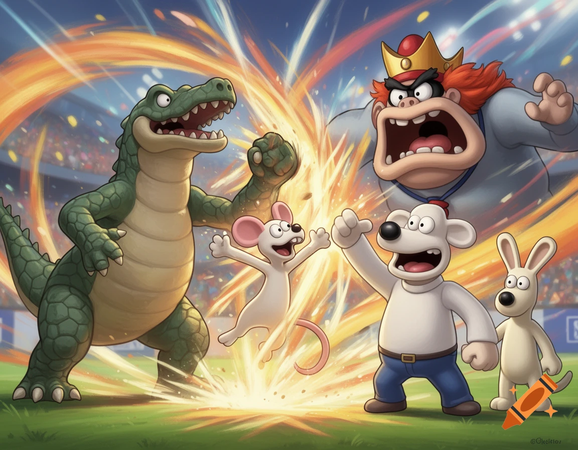 Wallace and Gromit watch as a small mouse uppercuts a large alligator, surrounded by a bright explosion in a stadium. A large, angry king character watches.