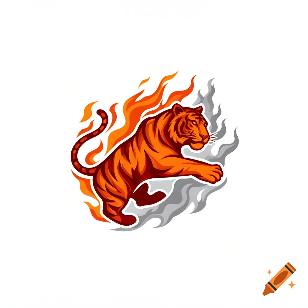 A stylized illustration of a powerful orange and red tiger leaping, surrounded by vibrant red and orange flames and wisps of grey smoke.