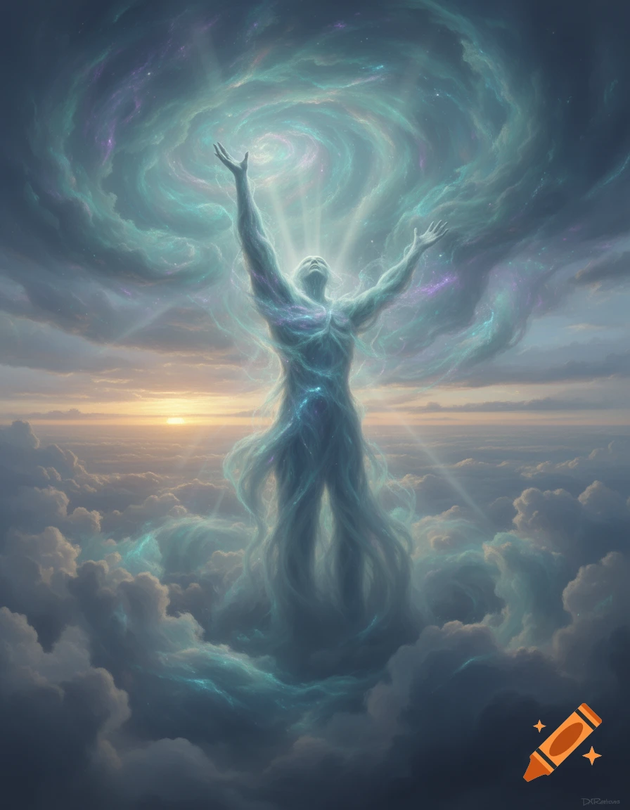 An ethereal figure with raised arms rises from clouds amidst a celestial sky with swirling cosmic energy, fantasy art.
