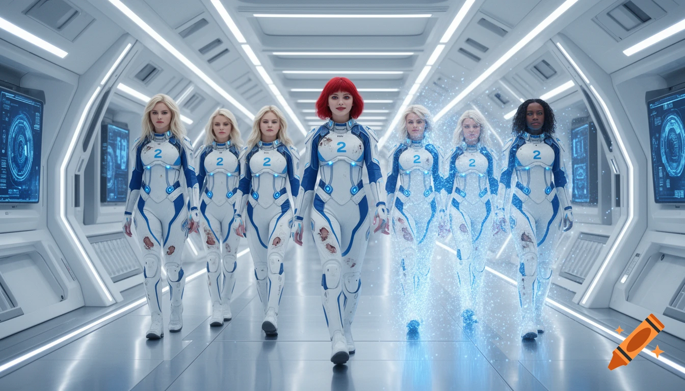 Six women in white and blue futuristic suits, one with red hair, walk down a spaceship corridor, two dissolving into light particles, photorealistic.