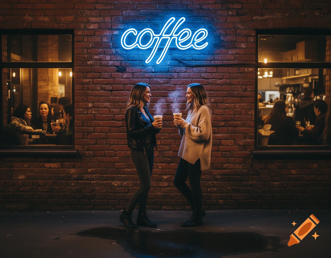 Two women holding steaming coffee cups talk outside a brick wall coffee shop at night, beneath a blue neon 'coffee' sign.