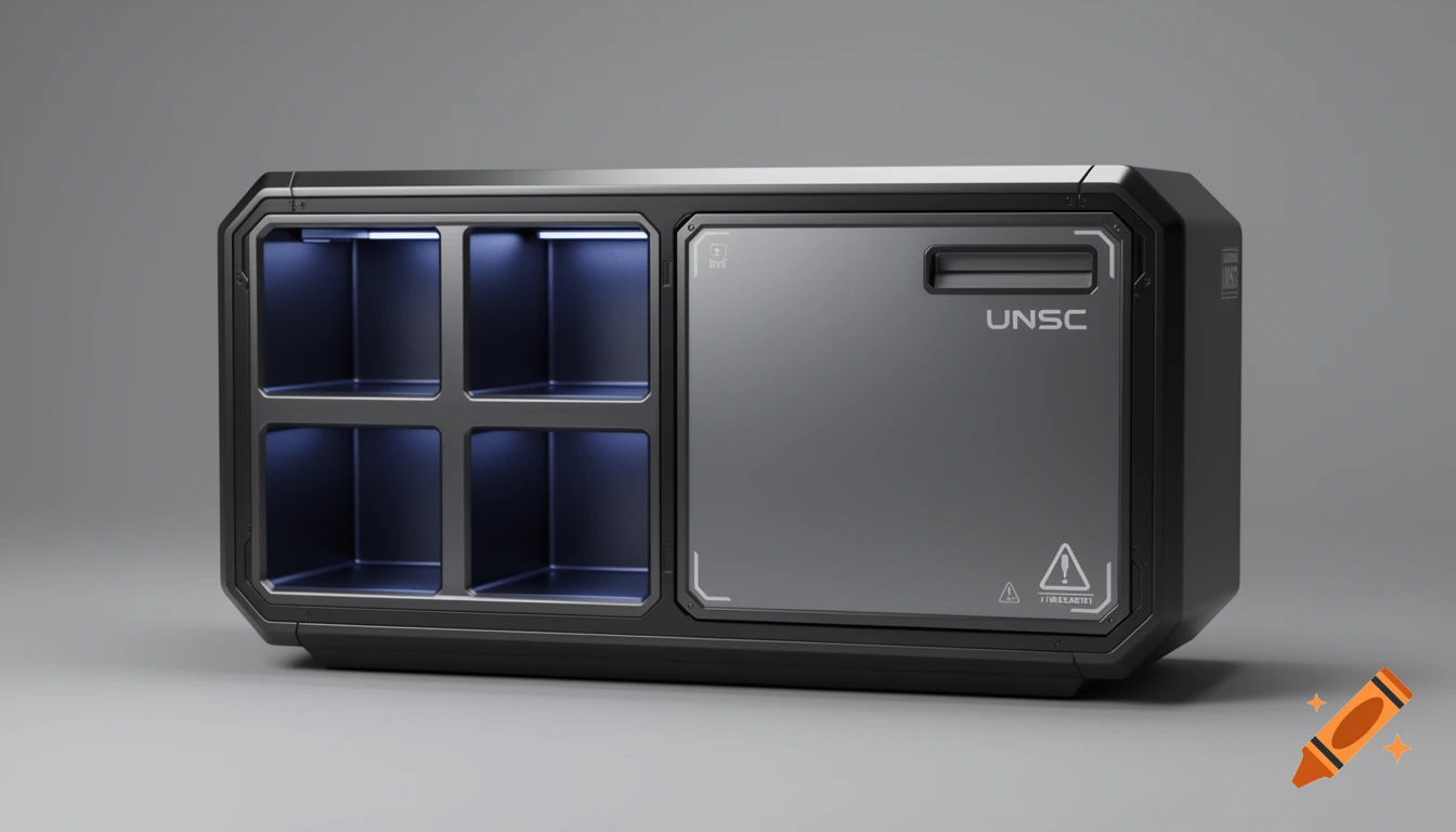 A modern, futuristic sideboard in a Halo UNSC design, matte gunmetal gray with dark titan panels, featuring blue LED-lit shelves and a door with UNSC branding and warning symbols.