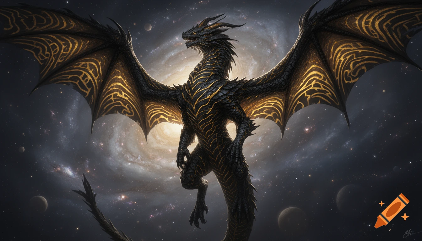 A colossal black and gold dragon with outstretched wings stands against a swirling galaxy and planets in a cosmic fantasy scene.