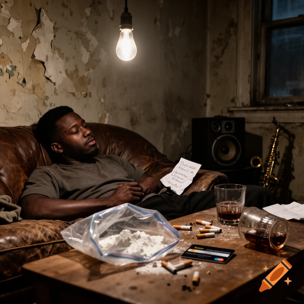 A man sleeps on a brown couch in a dimly lit, dilapidated room, with a bag of white powder, cigarettes, and an overturned glass of alcohol on a table in front of him.
