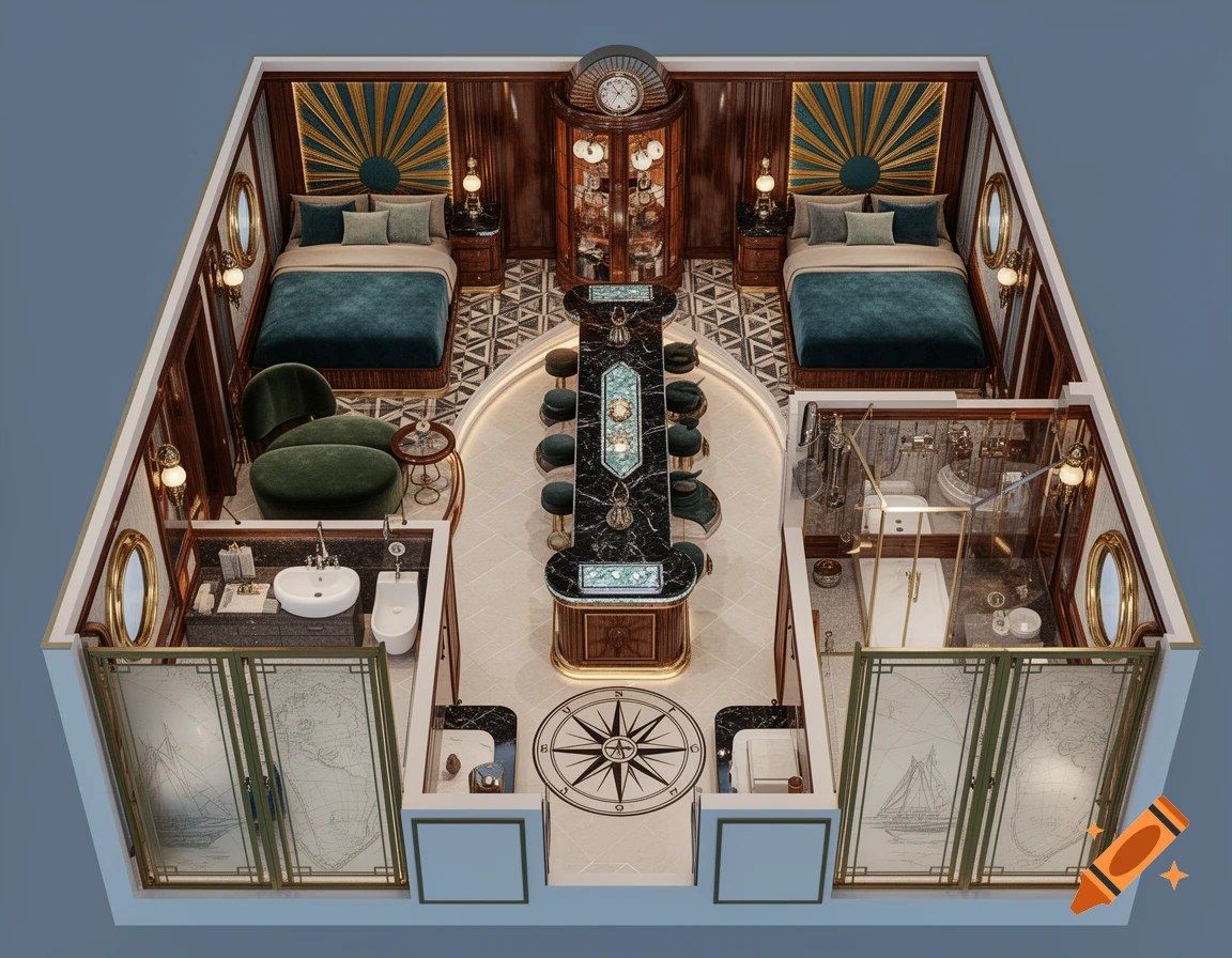 Luxurious nautical-themed 3D floorplan with two bedrooms, two bathrooms, and a central bar, featuring dark wood, teal velvet, and brass details.