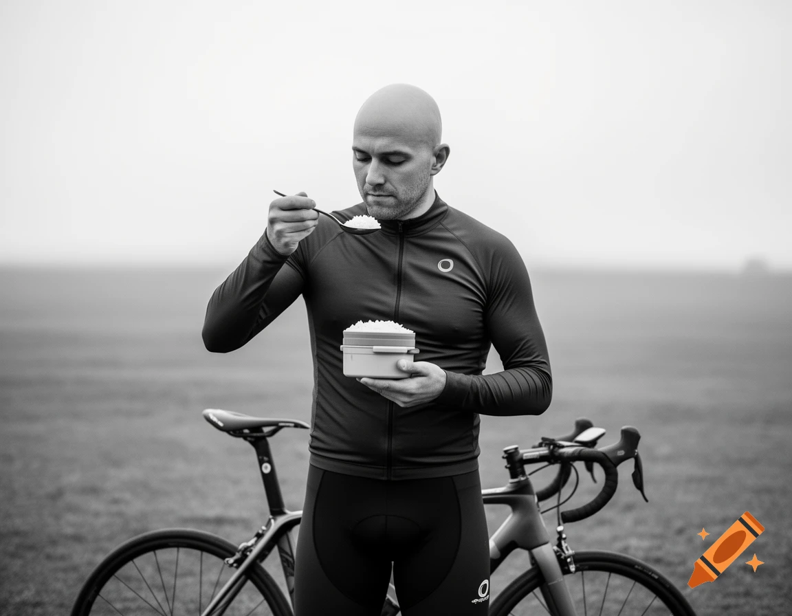 Bald man in cycling gear eating rice from a container, standing in a field with his bicycle behind him, black and white photograph.