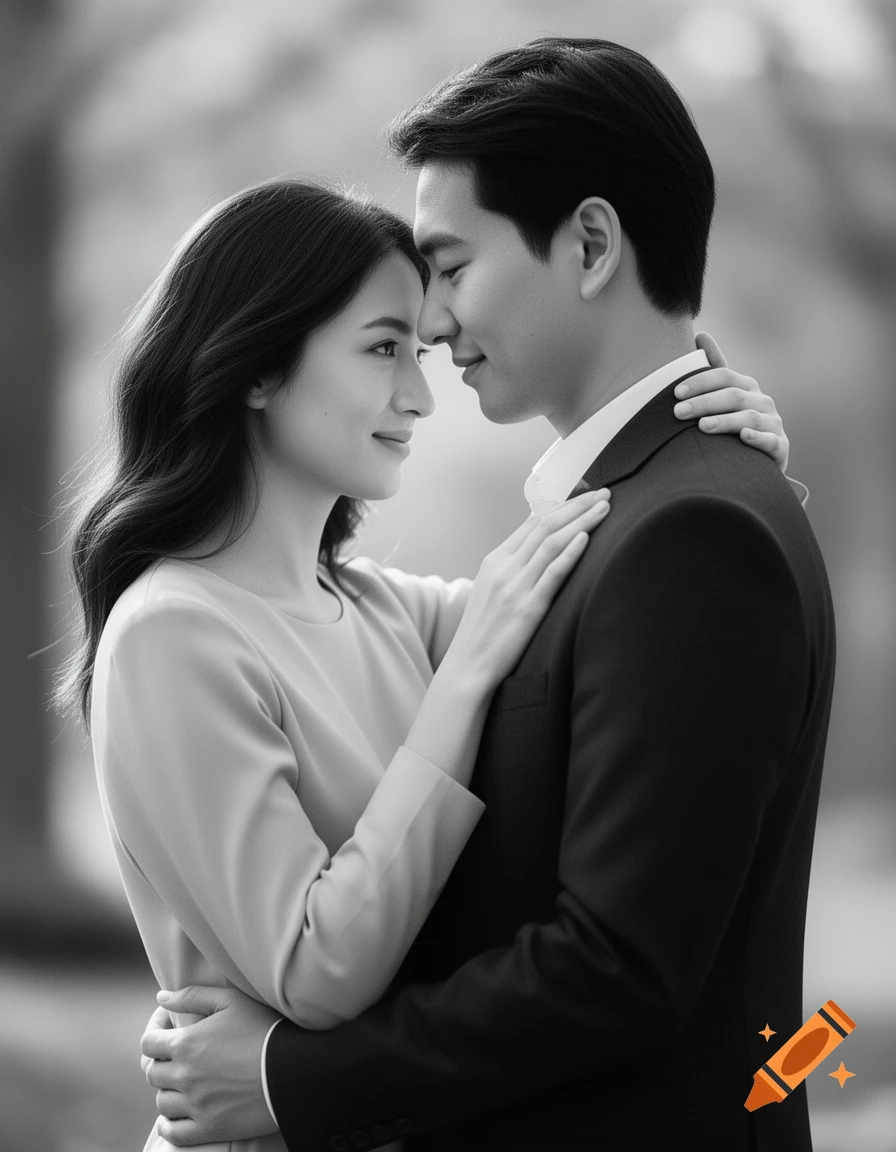 Black and white portrait of a loving couple embracing, gazing into each other's eyes with tenderness.