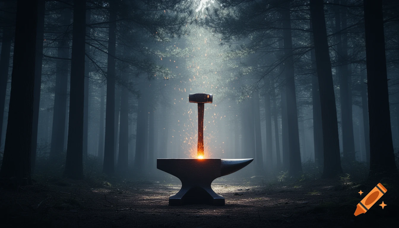 A hammer strikes an anvil, creating orange sparks in a dark, misty forest illuminated by a beam of light. Cinematic digital art.