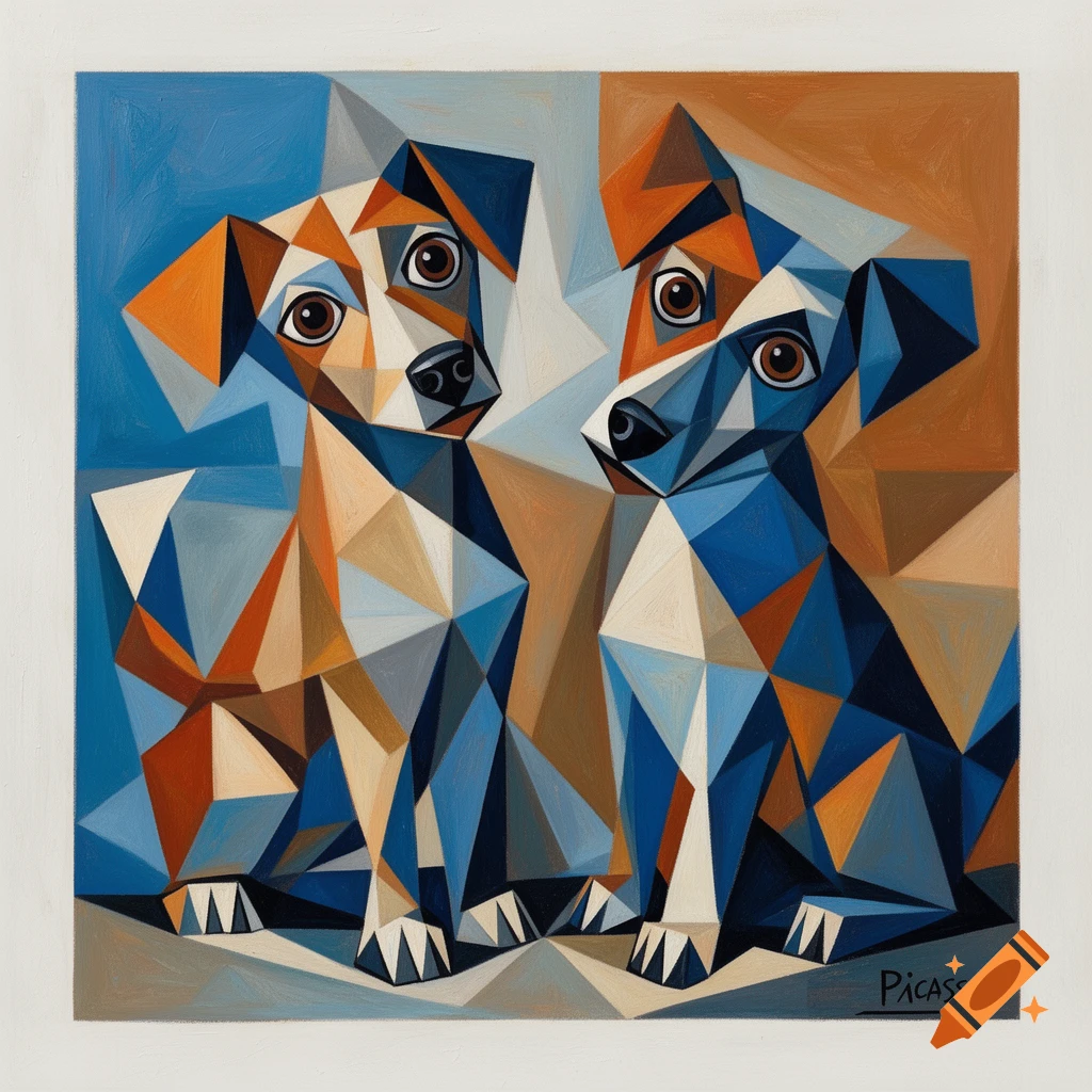 Two geometric dogs depicted in a cubist painting with abstract shapes in blue, orange, and white.