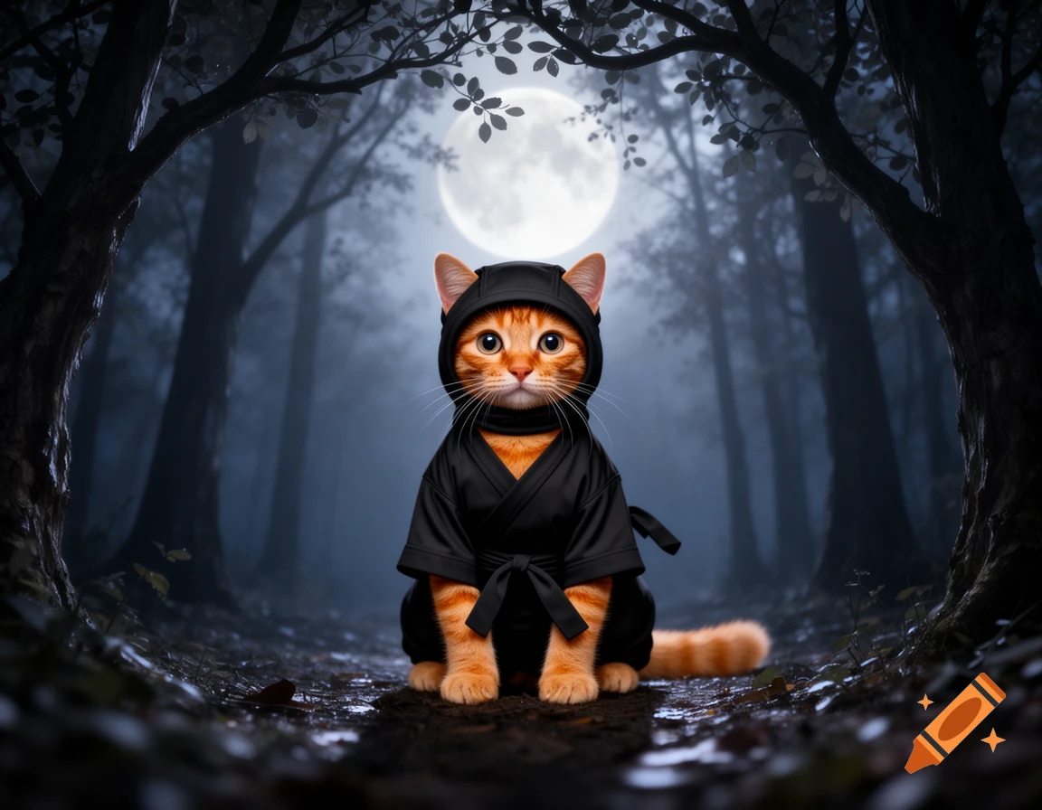 An orange cat in a black ninja outfit sits on a forest path under a bright full moon, surrounded by dark, misty trees.