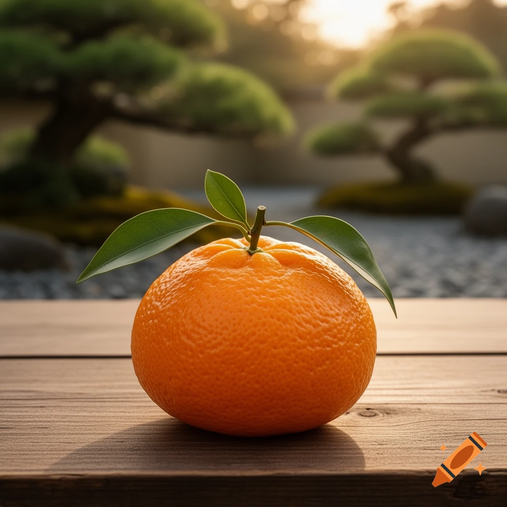 A photorealistic image of a mandarin orange with leaves on a wooden table in a Japanese garden.
