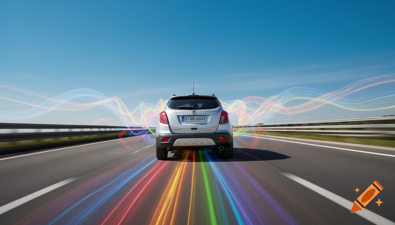 Rear view of a silver Opel Mokka driving on an autobahn, leaving vibrant rainbow-colored light trails under a blue sky.