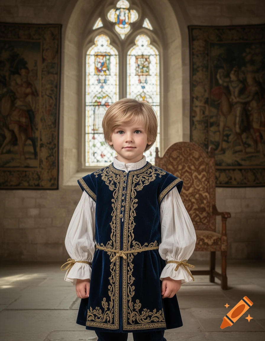 A young boy in a blue and gold embroidered prince's outfit stands in a castle room with stained glass windows.
