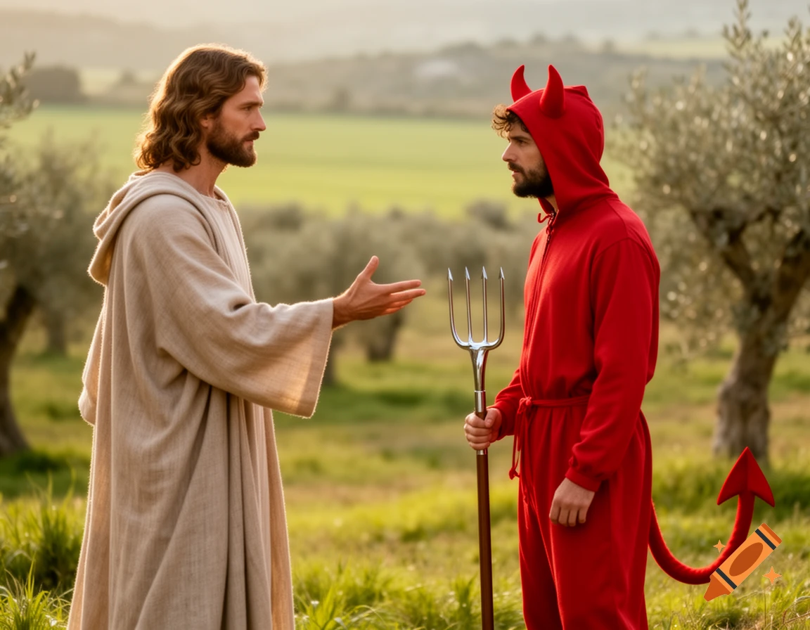 Photorealistic image of Jesus in a robe conversing with a man in a red devil costume holding a pitchfork in a sunny field.