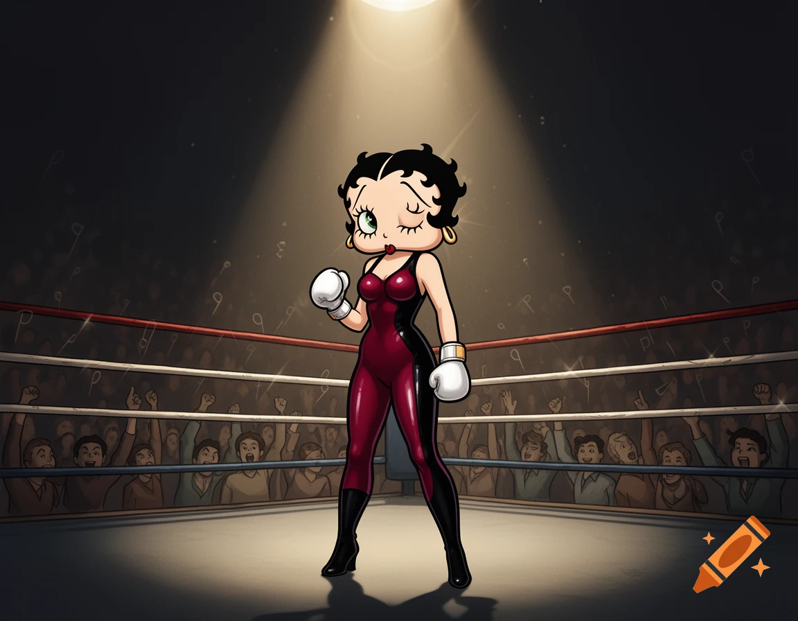 Betty Boop stands confidently in a boxing ring, wearing a glossy red and black bodysuit and white boxing gloves under a spotlight.