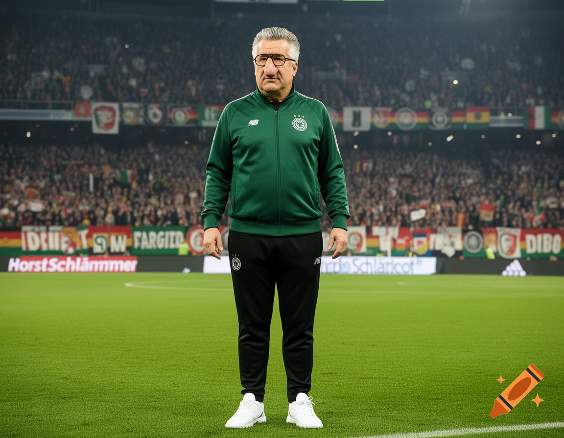 A man in a green tracksuit stands on a football field in front of a stadium crowd.