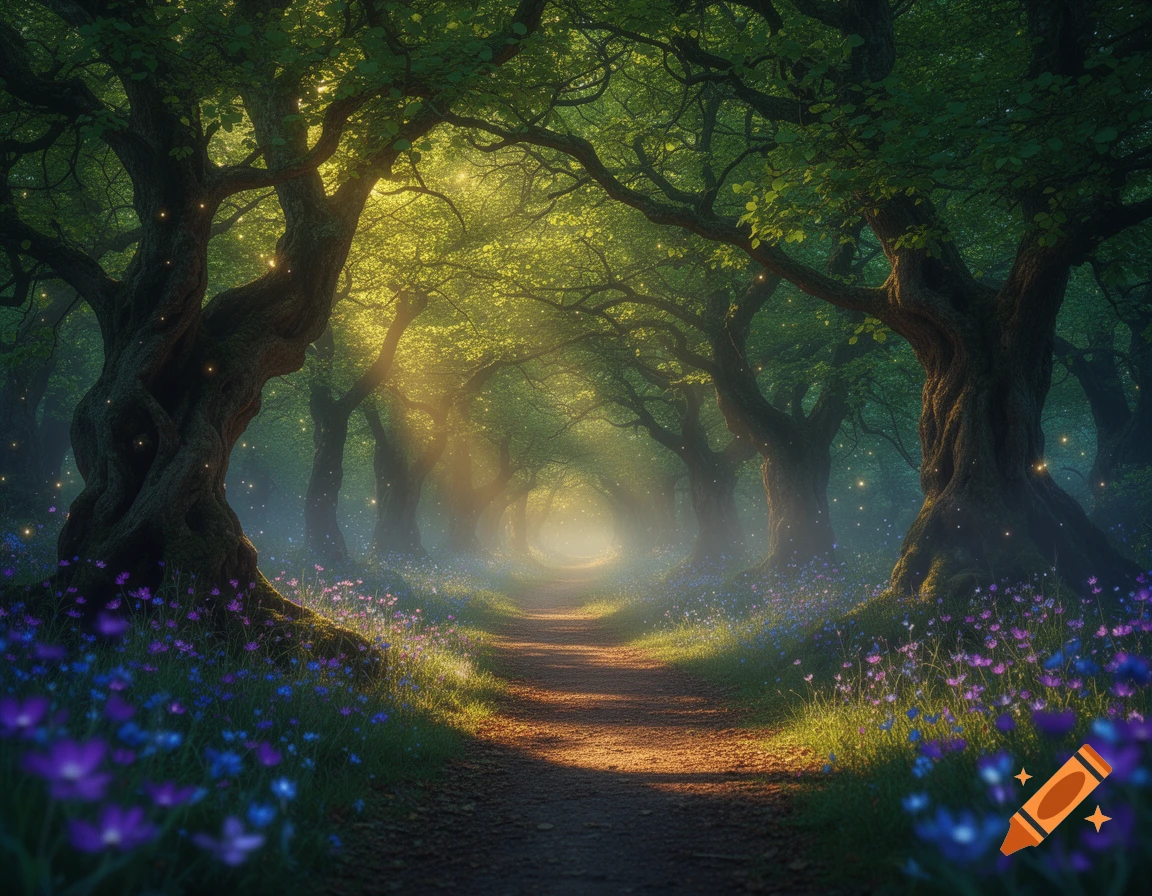 A sunlit path winds through an enchanted forest with large, gnarled trees, purple flowers, and glowing magical particles in the misty air.