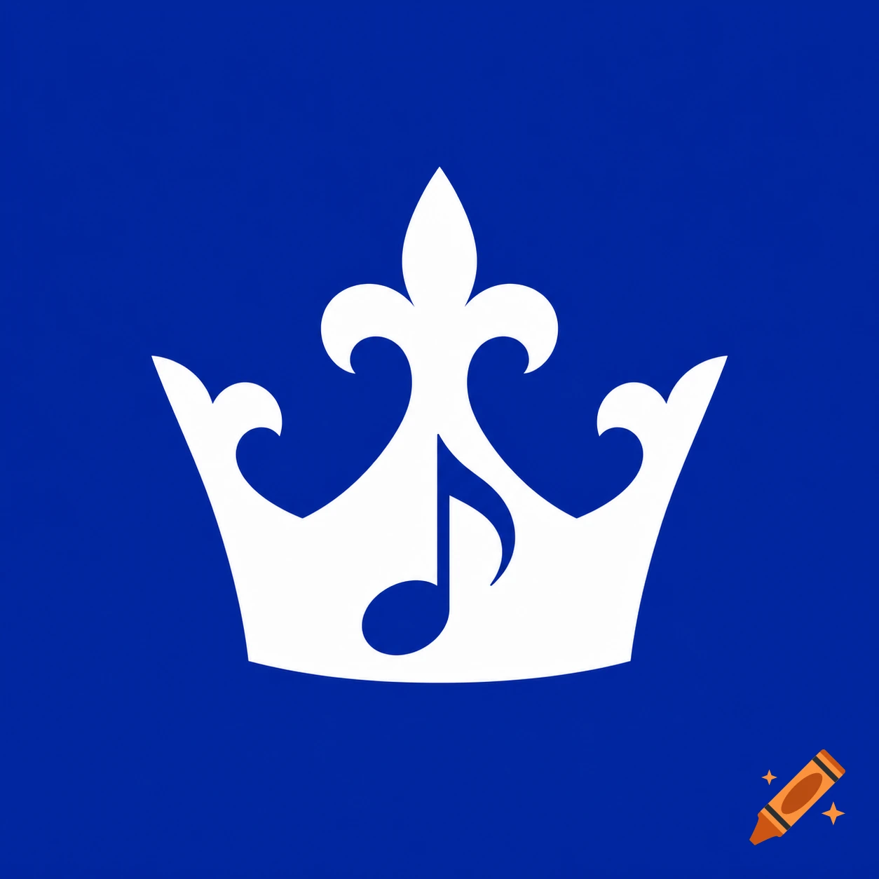 A solid white minimalist crown with a music note inside, on a royal dark blue background.