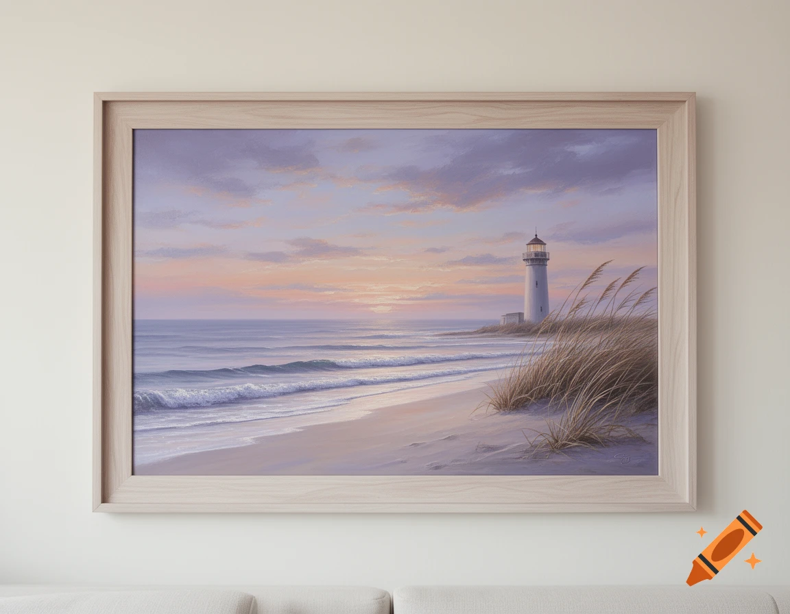 A framed painting of a lighthouse on a sandy beach with tall grass at sunset, waves gently breaking on the shore.