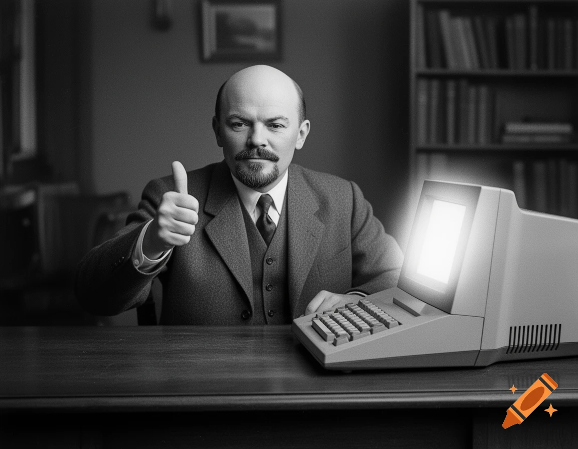 Black and white photorealistic image of Vladimir Lenin giving a thumbs-up, sitting at a desk with a glowing old computer.