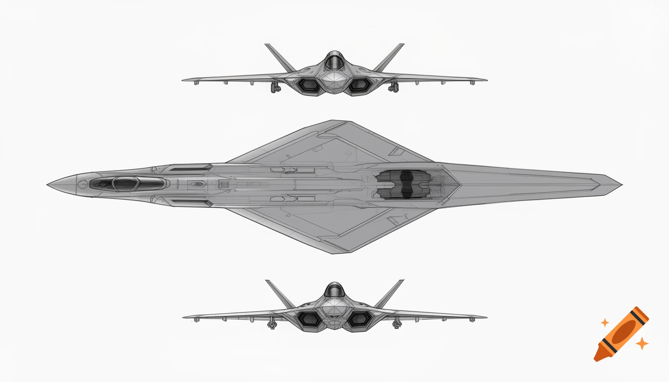 Orthographic technical drawing of a futuristic gray fighter jet from front, top, and bottom views on a white background.