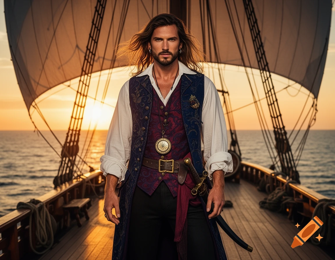 Handsome male pirate in ornate clothes stands on a ship deck at sunset with sails behind him, photorealistic style.
