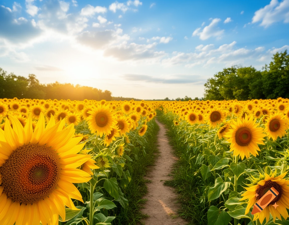 A dirt path winding through a vast field of bright yellow sunflowers under a sunny blue sky.
