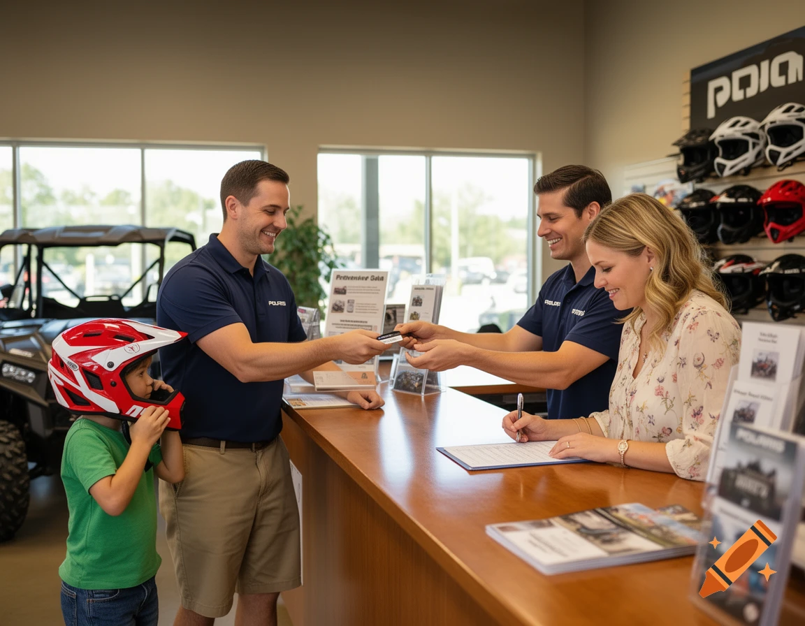 A family at a service counter, a clerk is taking a credit card, a woman is signing a form, and a child tries on a red helmet.