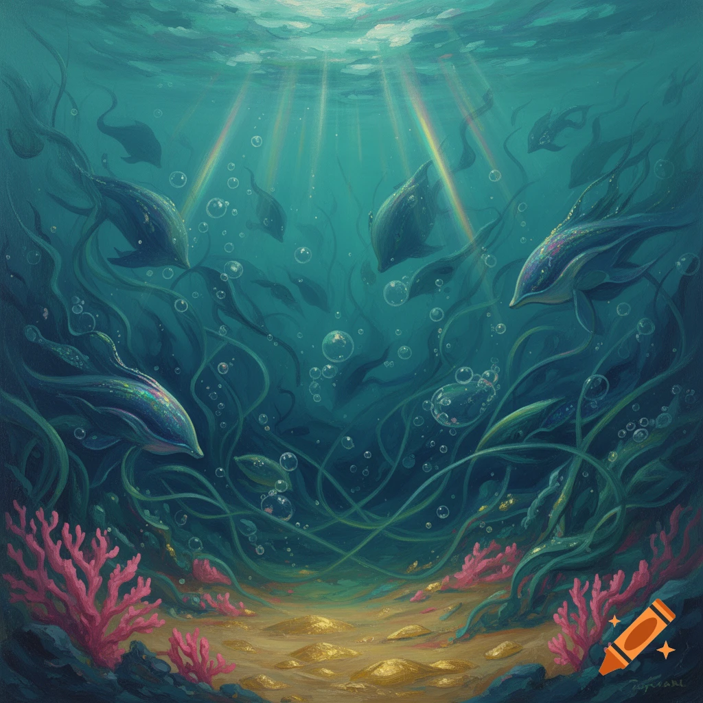 Stylized underwater scene with fish, flowing kelp, pink coral, and sun rays piercing the turquoise water.