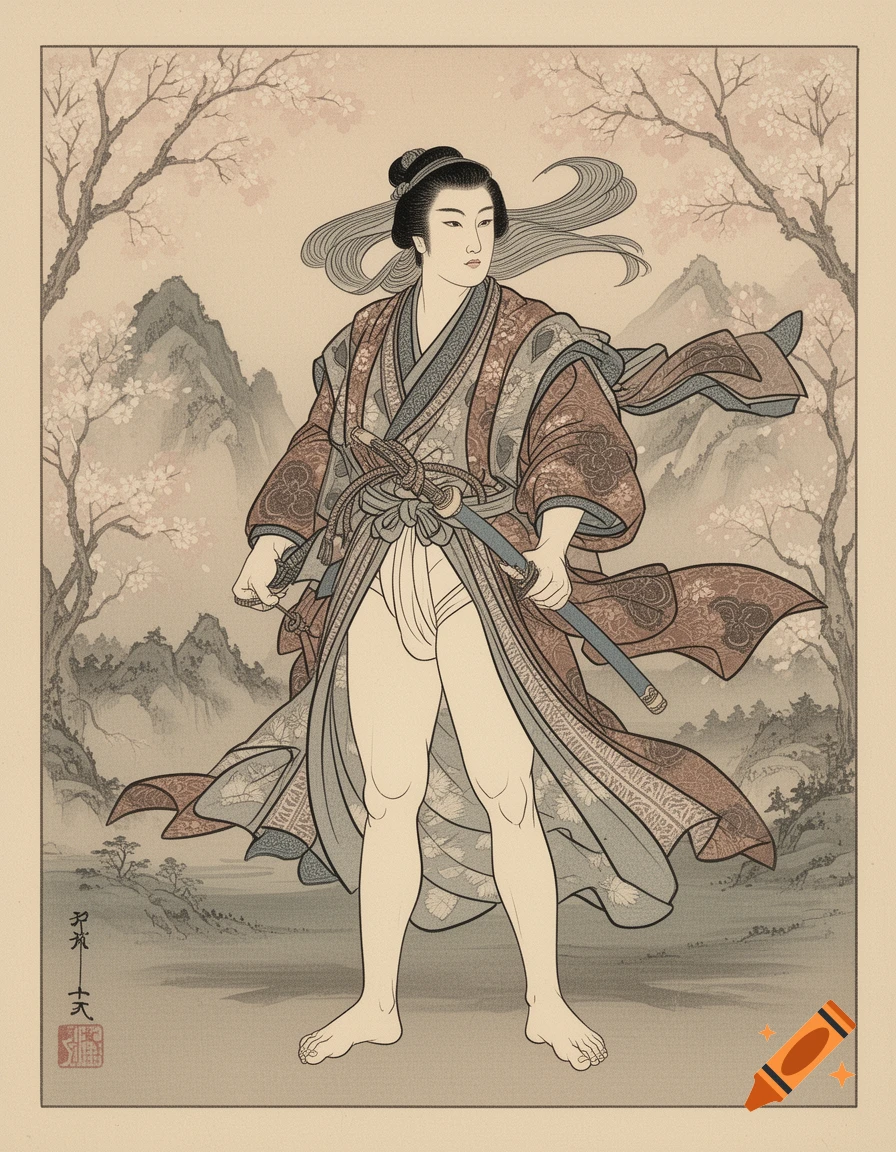 A Japanese samurai woman in a fundoshi and kimono holds a sword, standing amidst cherry blossoms and mountains, in a traditional ukiyo-e art style.