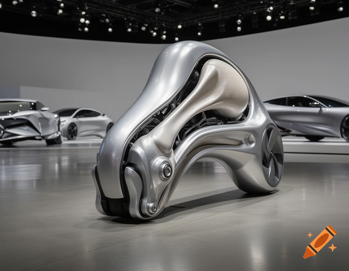 A shiny silver futuristic concept vehicle, resembling a knee joint with wheels, displayed in a spacious modern exhibition hall with other concept cars in the background.