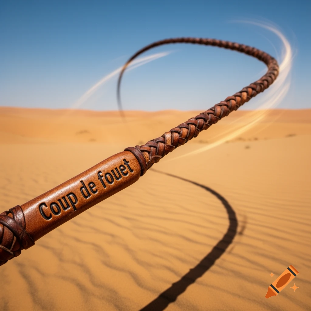 A brown leather whip with 'Coup de fouet' embossed on the handle, arcing over desert sand dunes under a blue sky.
