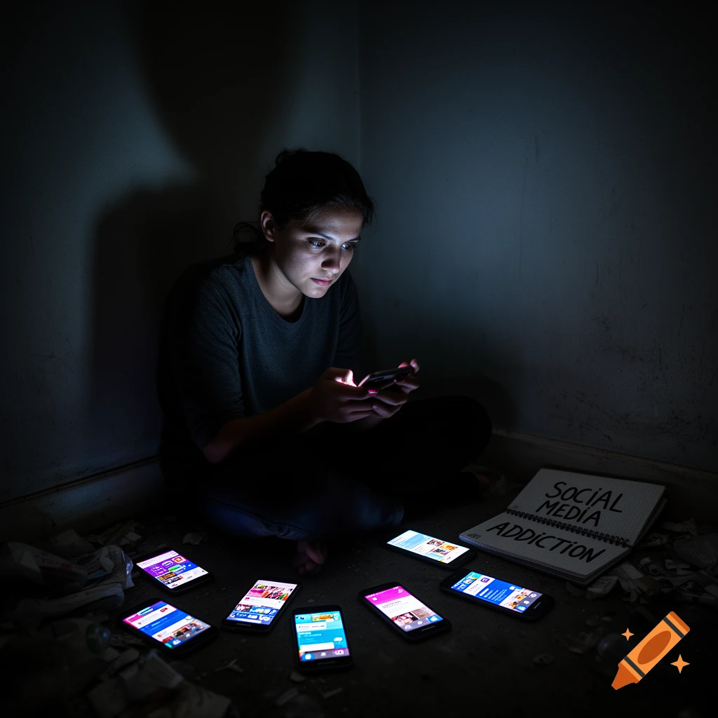 A person sits alone in a dark room, lit by a phone screen, surrounded by multiple phones and a notebook labeled "SOCIAL MEDIA ADDICTION."