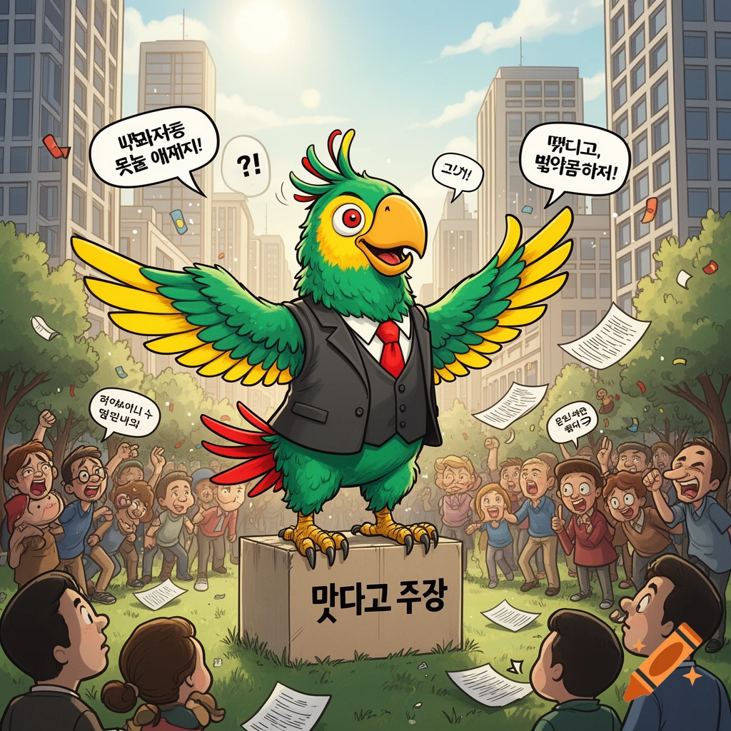 A cartoon green parrot in a suit stands on a box, addressing a cheering crowd in a city park. Speech bubbles contain Korean text.