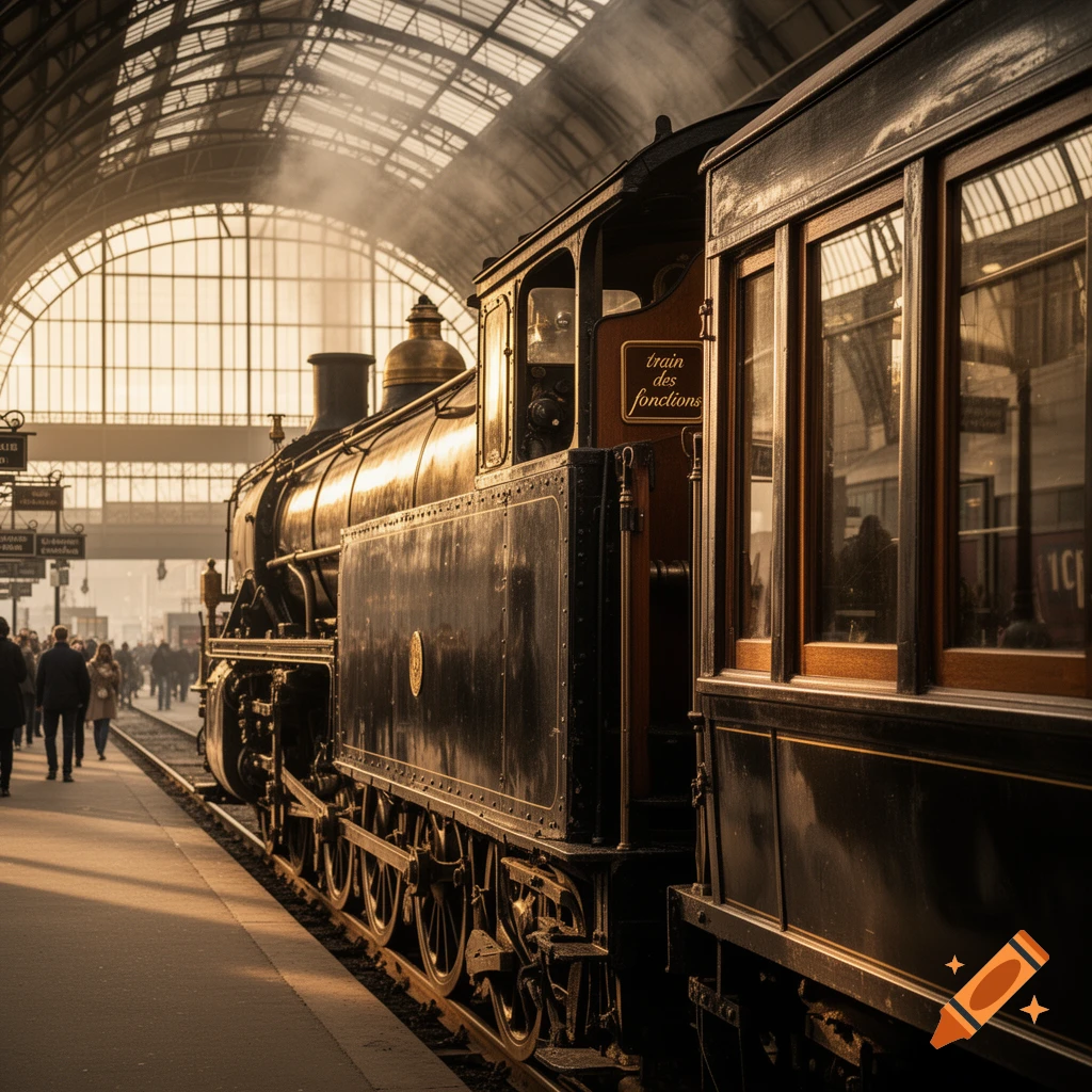 A vintage steam locomotive sits at a grand train station, with warm light filtering through the arched roof, and people on the platform.
