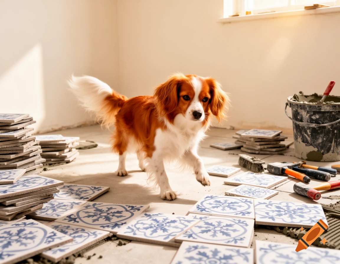 A cute red and white Kooikerhondje dog stands amidst scattered blue and white tiles, tiling tools, and mortar in a brightly lit room.
