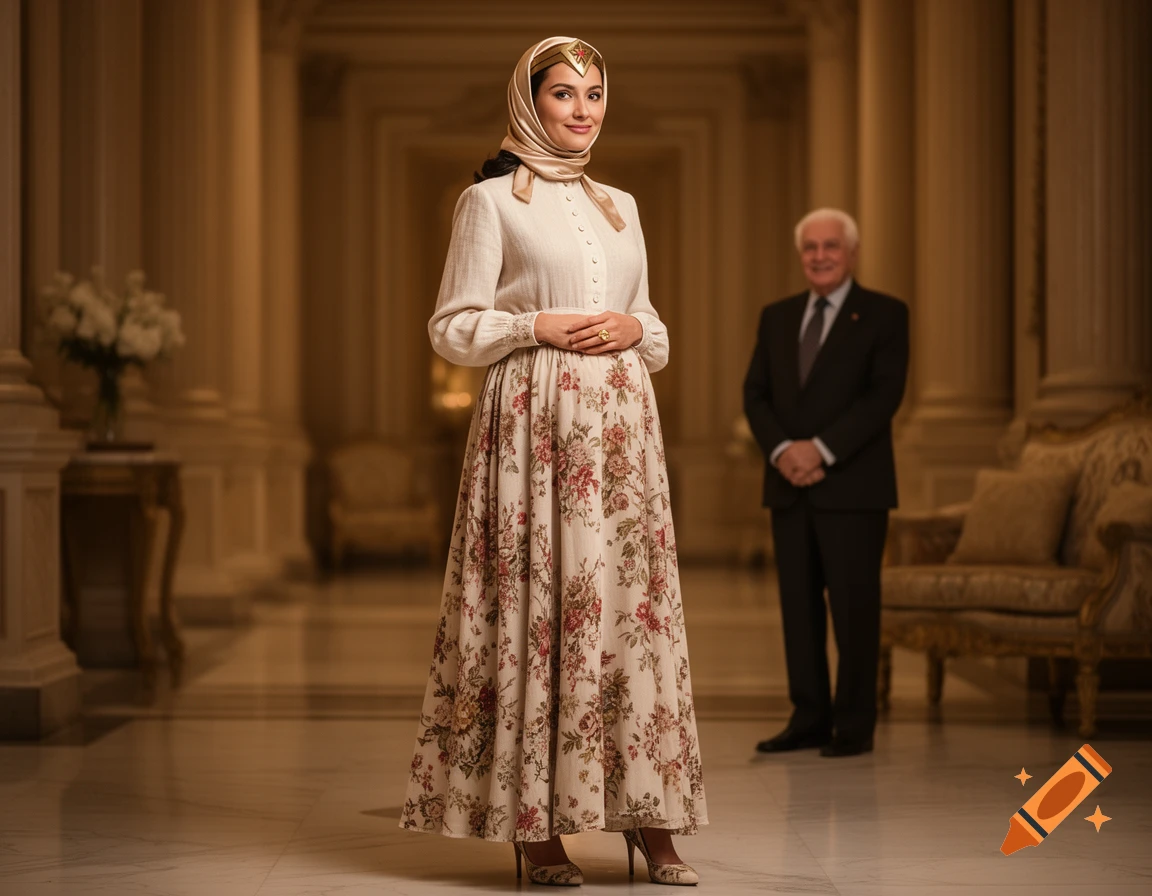A woman resembling Wonder Woman in a modest headscarf, blouse, and floral skirt stands in a grand hall, with a man in a suit in the background.