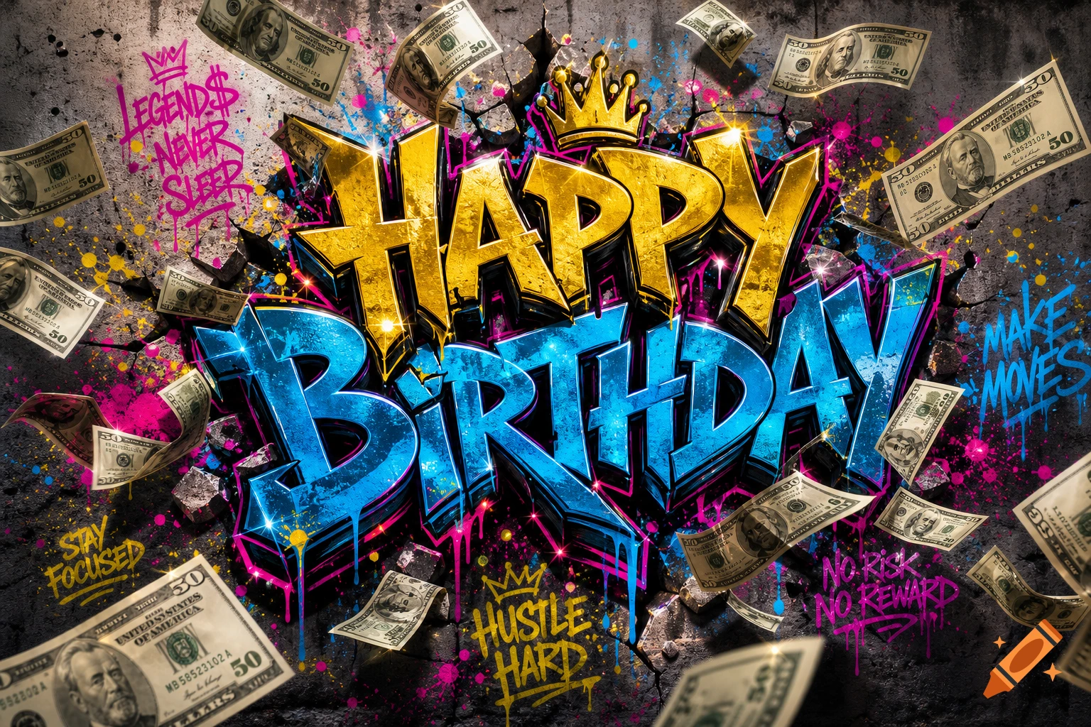 Graffiti style 'Happy Birthday' on a cracked wall with falling 50 dollar bills and motivational phrases.