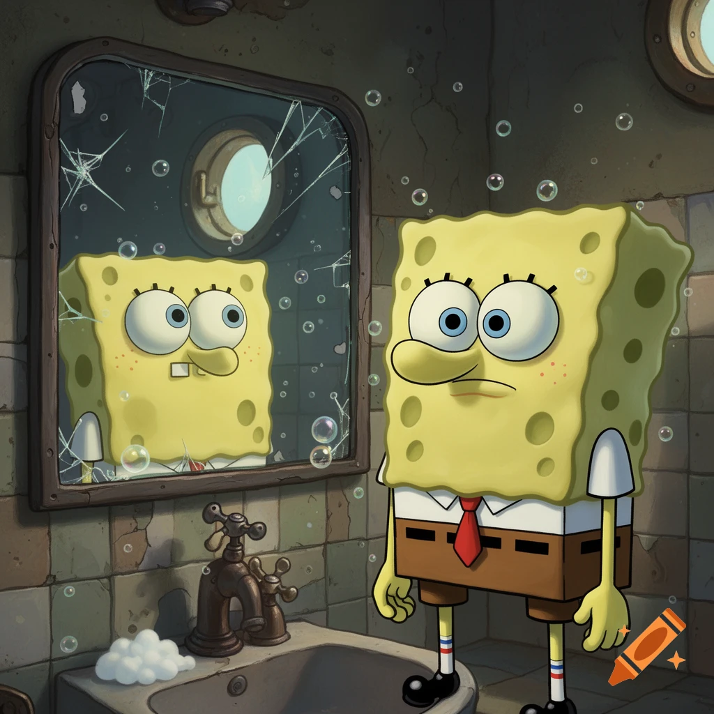 Spongebob Squarepants with a solemn expression looking into a cracked mirror in a grungy bathroom.