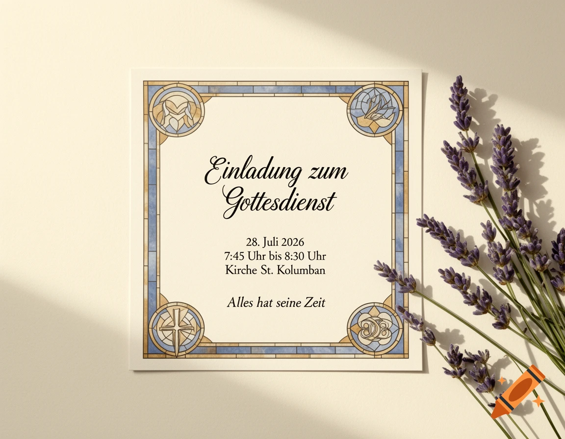 An elegant white invitation card for a church service, featuring a stained glass border, placed on a light surface with lavender flowers to the side.