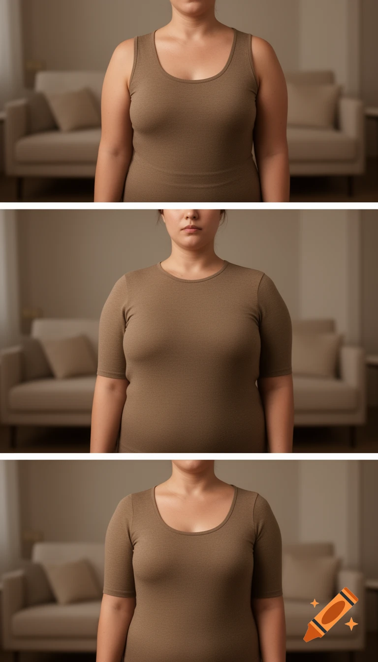 A three-panel photo reel showing a woman's torso, from thinner to progressively rounder, in a photorealistic style.