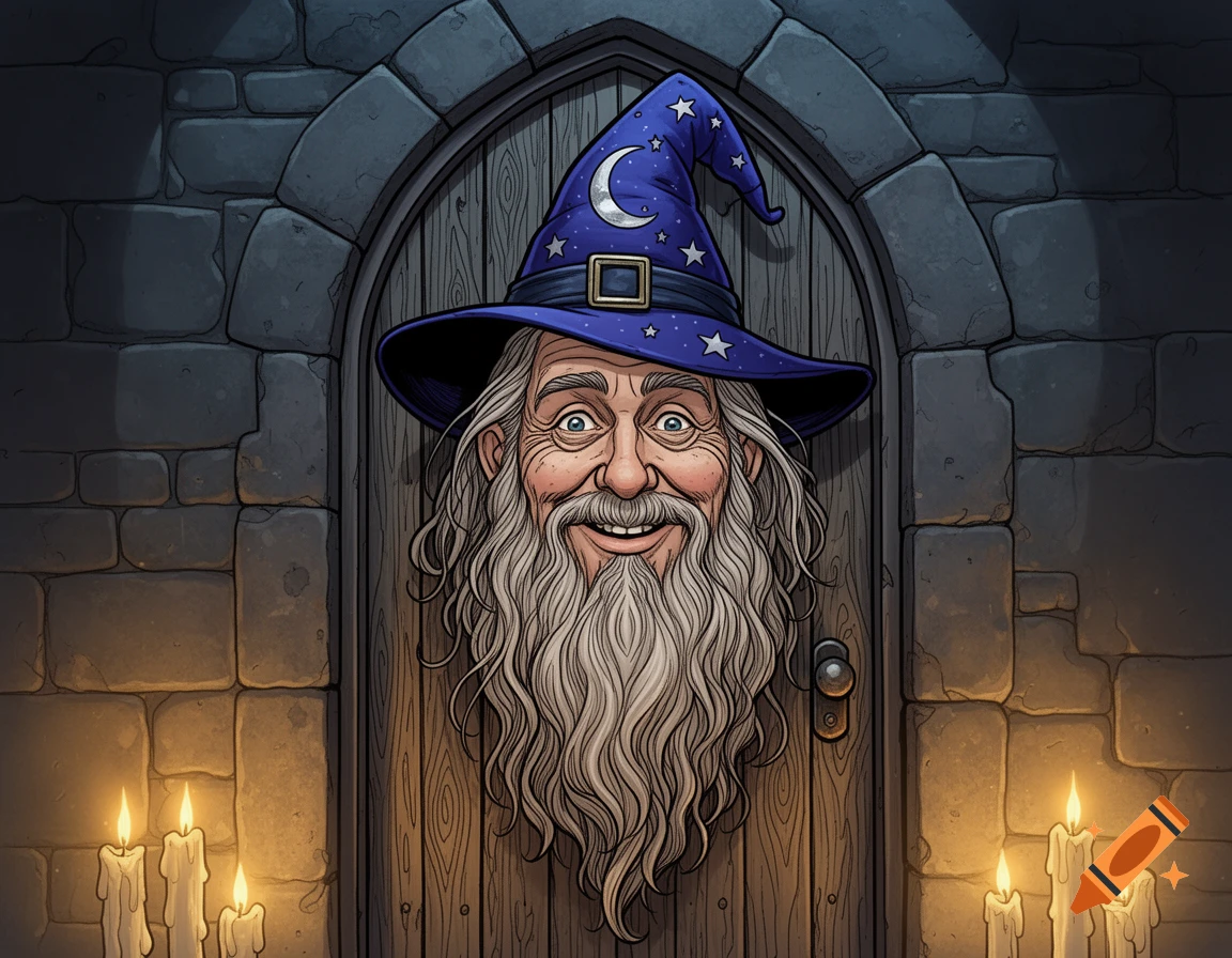 Cartoon wizard's face with a long beard and a blue hat with stars and moon on an arched wooden door, flanked by lit candles.