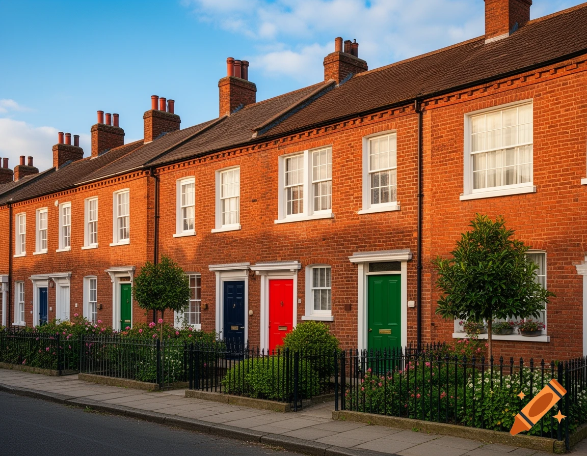 A photorealistic image of a row of brick terraced houses with colorful doors and small gardens under a blue sky.