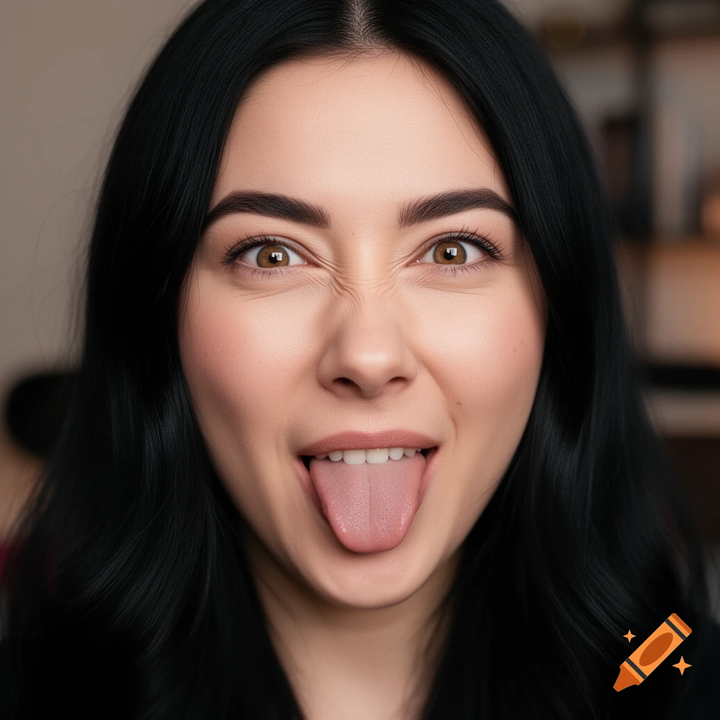 Photorealistic portrait of a woman with dark hair making a silly face, sticking her tongue out and scrunching her nose.