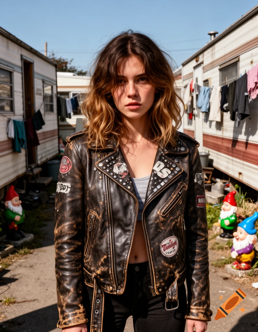 A young woman with wavy hair and freckles wears a distressed leather jacket and crop top, standing in a trailer park with garden gnomes.
