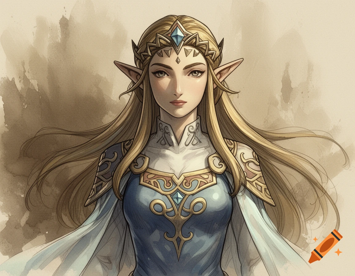 A stylized illustration of Princess Zelda with long blonde hair, pointed ears, and a tiara, wearing an ornate blue and white dress.