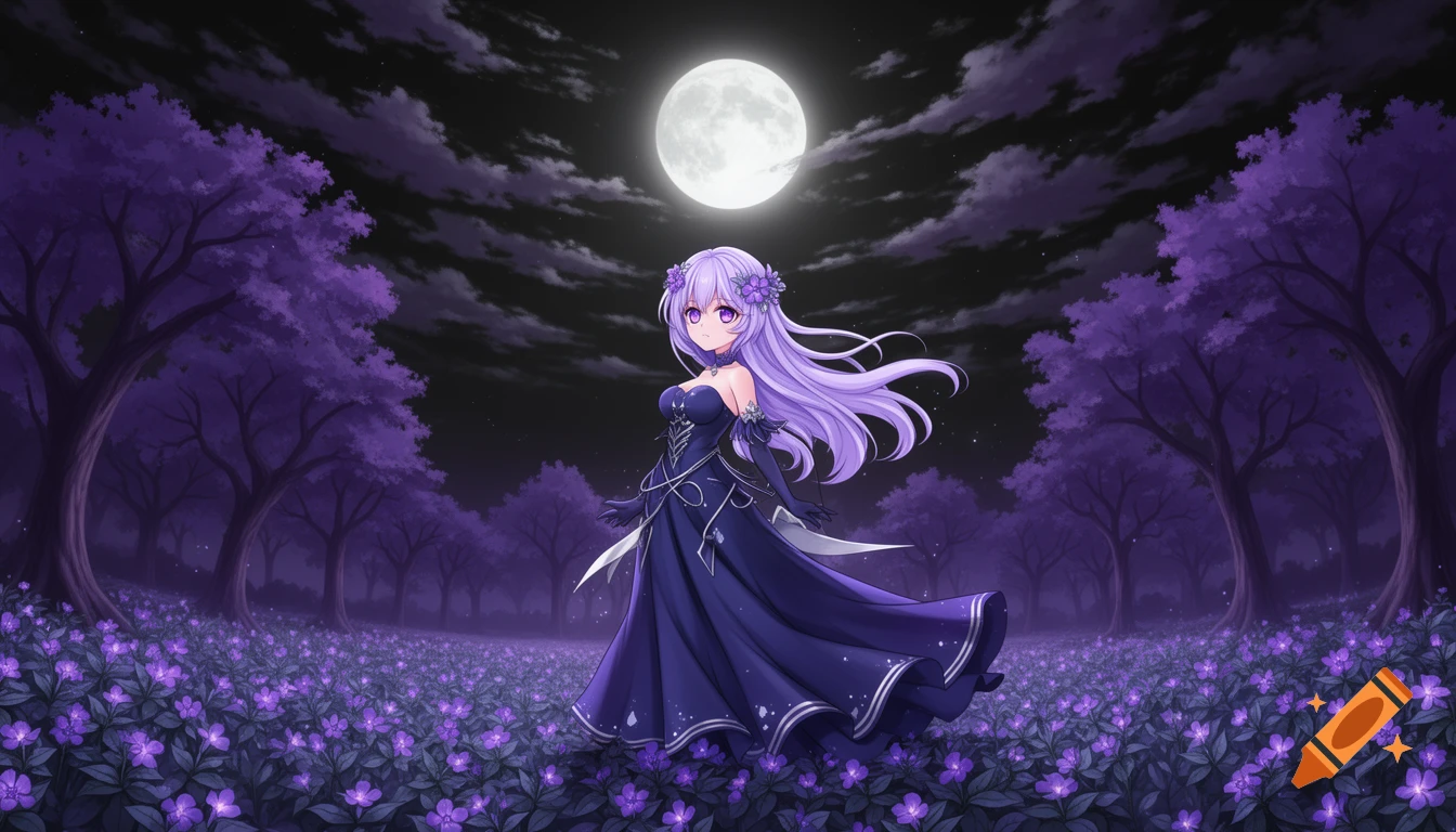 An anime girl with long lavender hair and a dark purple dress stands in a field of glowing purple flowers under a large full moon and a dark, cloudy sky with purple trees.