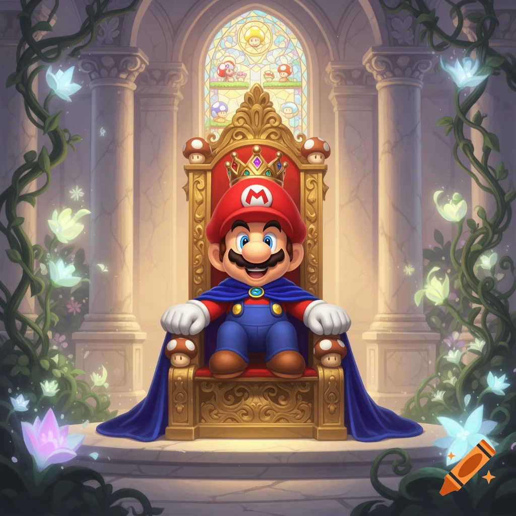 Mario, wearing a crown and a blue cape, sits on a golden throne in a regal castle hall, surrounded by glowing vines and a stained glass window with mushroom designs.